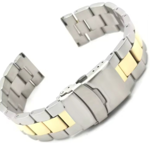 Bracciale metallo acciaio massiccio Lucido BICOLORE con chiusura di sicurezza, attacco diritto